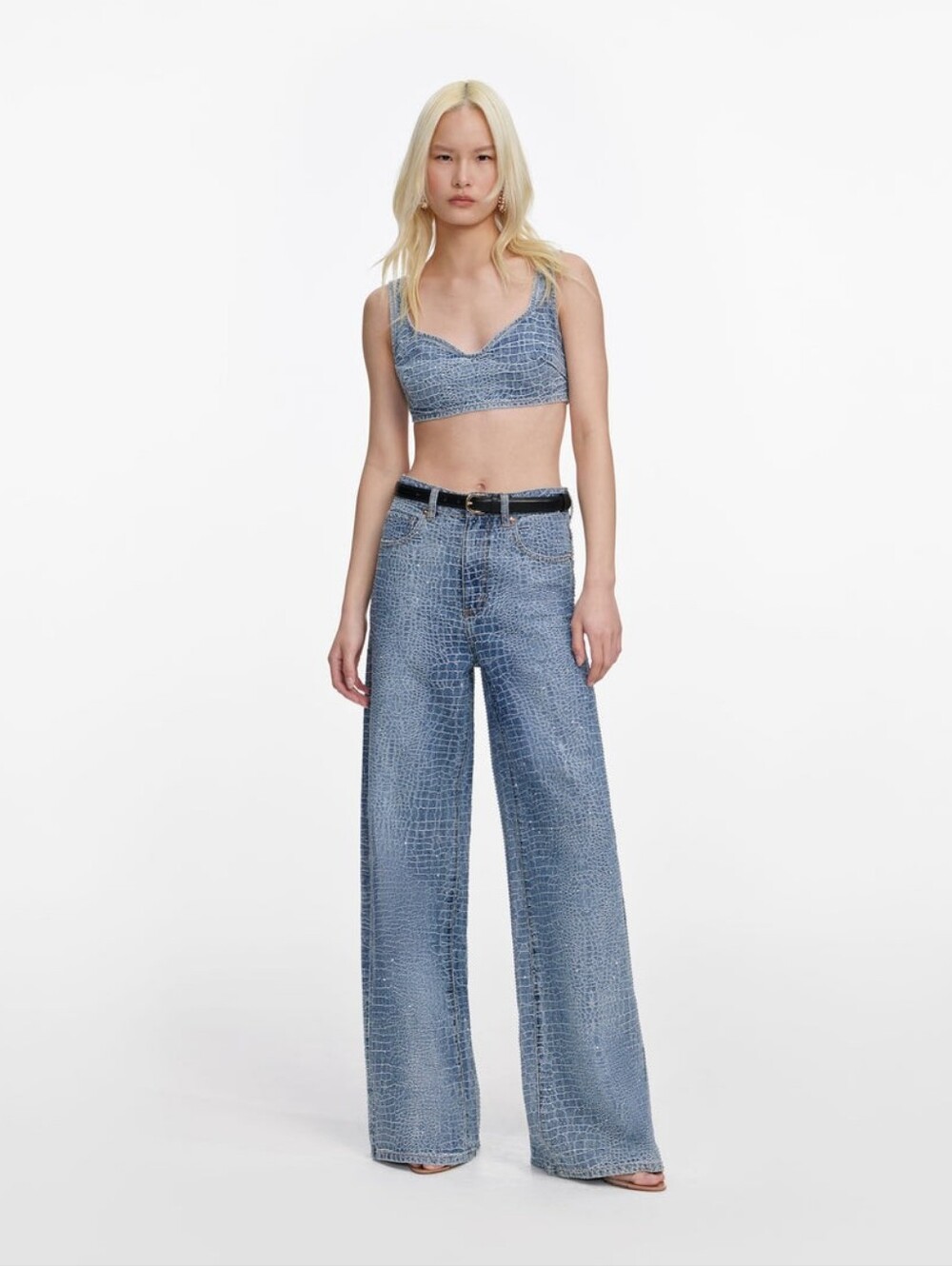 Self-Portrait Rhinestone Croc Effect Wide Leg Jeans Size 28 In.